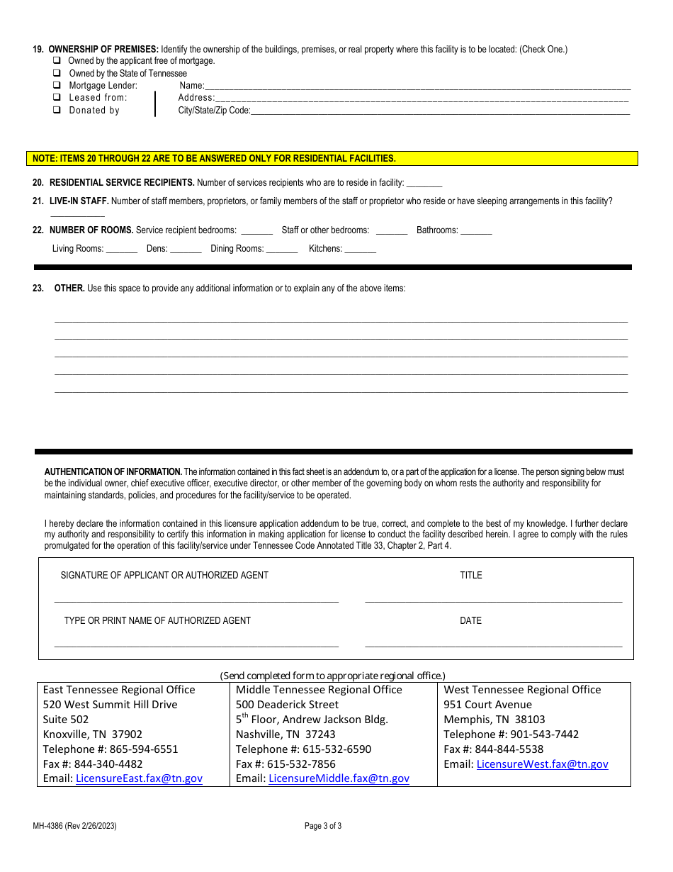 Form MH-4386 Licensure Application Addendum: Fact Sheet Form - Tennessee, Page 3