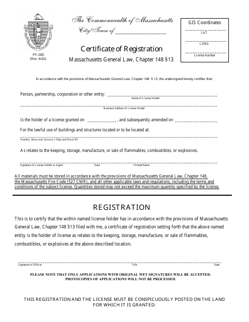 Form FP-005 Certificate of Registration - Massachusetts