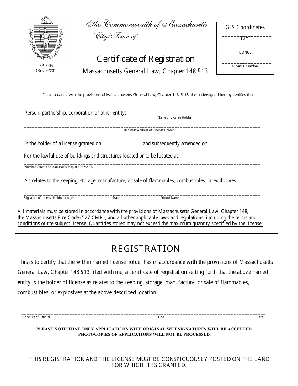 Form FP-005 Certificate of Registration - Massachusetts, Page 1