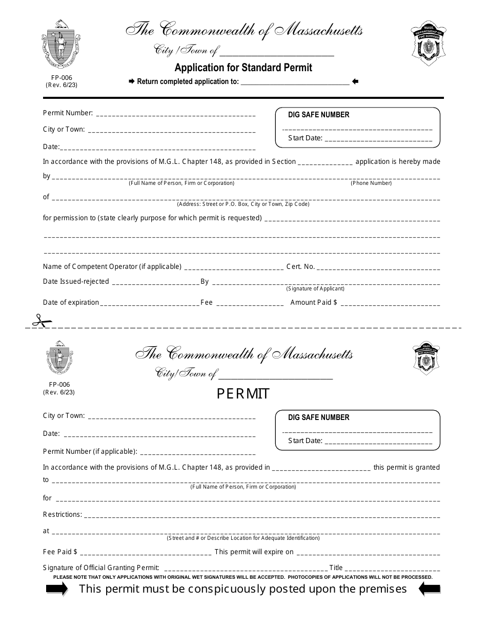 Form FP-006 Application for Standard Permit - Massachusetts, Page 1