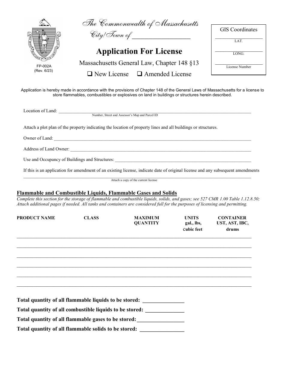 Form FP-002A Application for License to Store Flammables / Combustibles / Lp Gas / Explosives / Fireworks - Massachusetts, Page 1