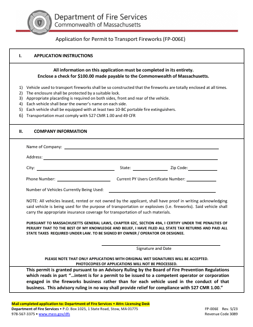Form FP-006E Application for Permit to Transport Fireworks - Massachusetts