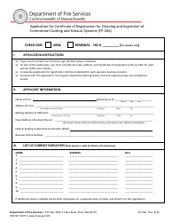 Form FP-26A Application for Certificate of Registration for Cleaning and Inspection of Commercial Cooking and Exhaust Systems - Massachusetts