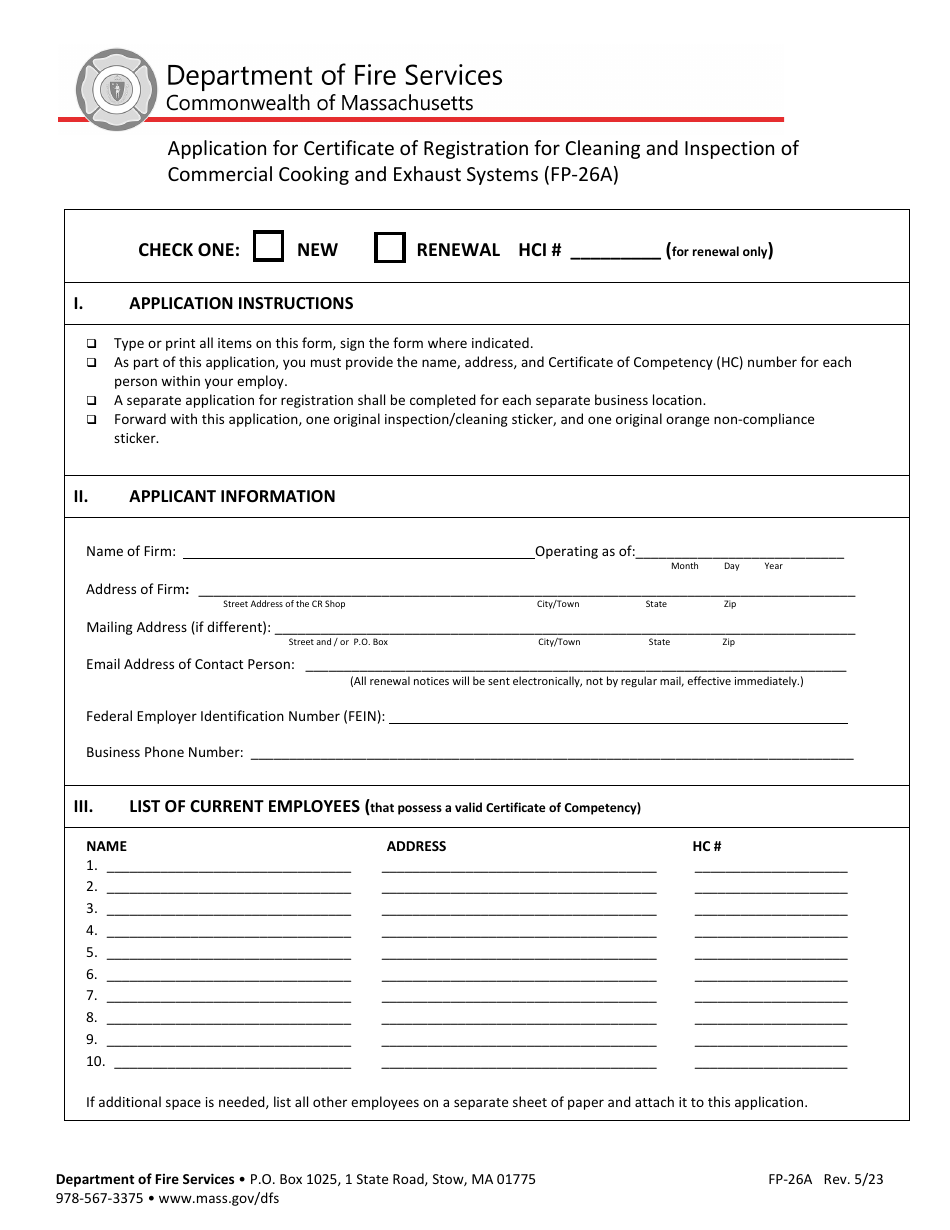 Form FP-26A Application for Certificate of Registration for Cleaning and Inspection of Commercial Cooking and Exhaust Systems - Massachusetts, Page 1