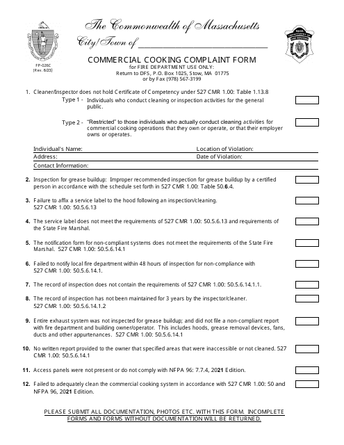 Form FP-026C Commercial Cooking Complaint Form - Massachusetts