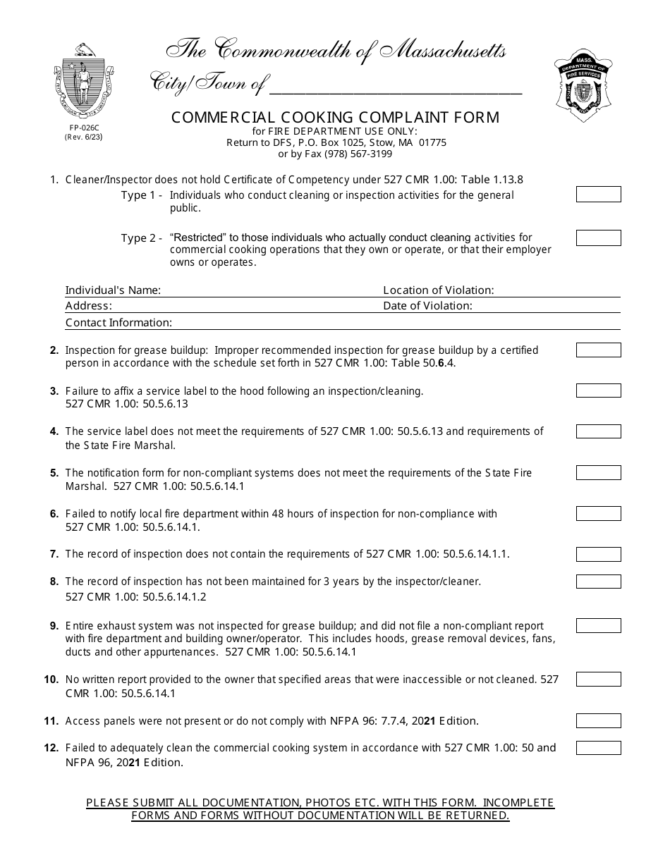 Form FP-026C Commercial Cooking Complaint Form - Massachusetts, Page 1
