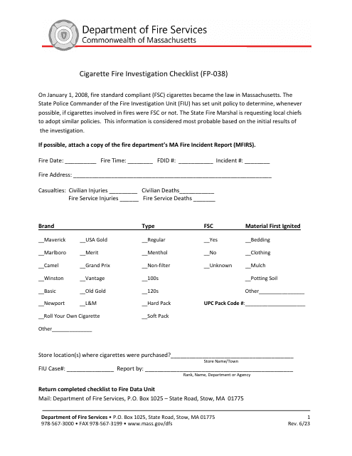 Form FP-038 Cigarette Fire Investigation Checklist - Massachusetts