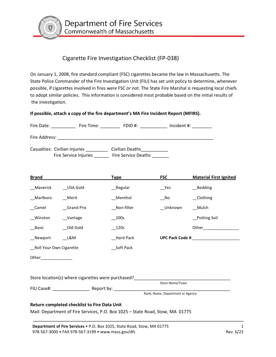 Form FP-038 Cigarette Fire Investigation Checklist - Massachusetts, Page 1