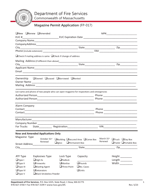 Form FP-017 Magazine Permit Application - Massachusetts