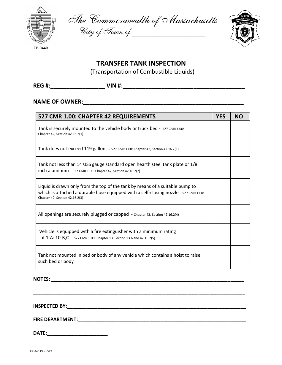 Form FP-044B Transfer Tank Inspection - Massachusetts, Page 1