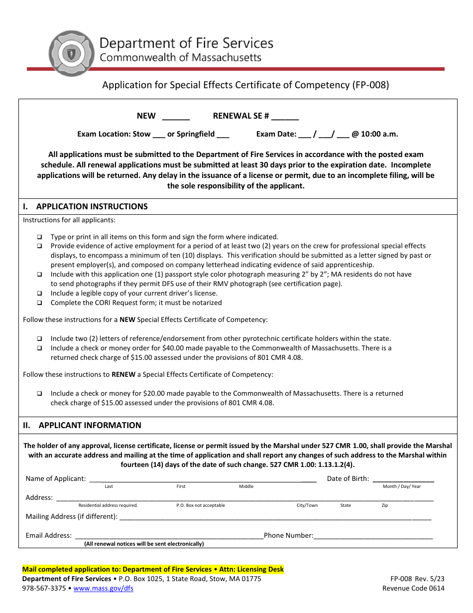 Form FP-008 Application for Special Effects Certificate of Competency - Massachusetts, Page 1