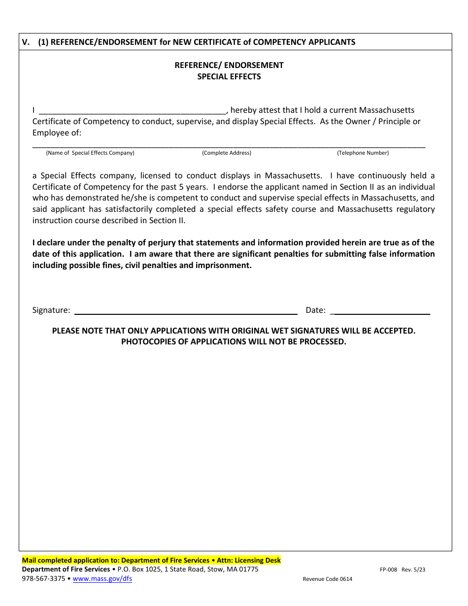 Form FP-008 Application for Special Effects Certificate of Competency - Massachusetts, Page 4