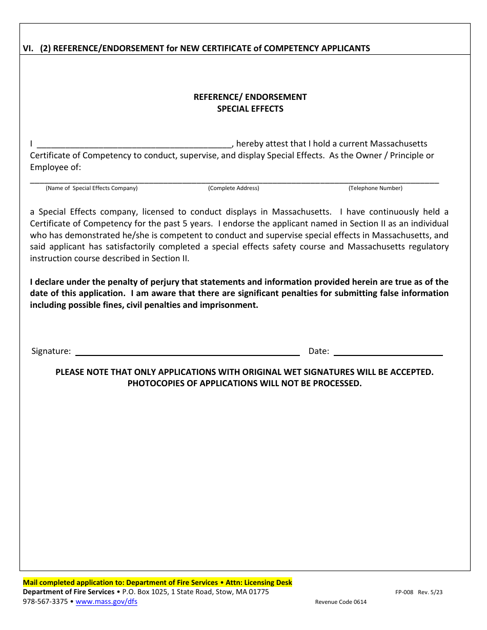 Form FP-008 Application for Special Effects Certificate of Competency - Massachusetts, Page 5