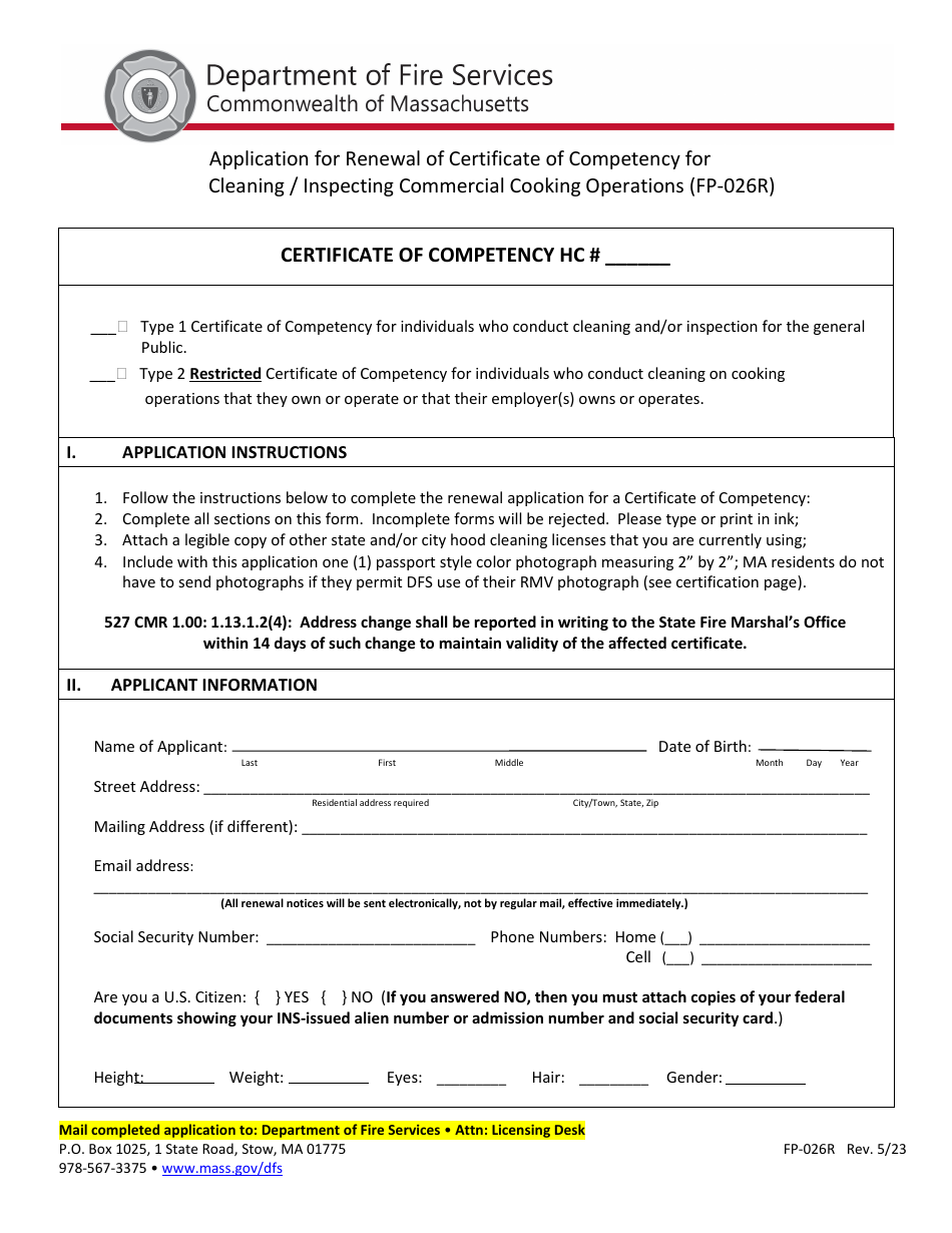 Form FP-026R Application for Renewal of Certificate of Competency for Cleaning / Inspecting Commercial Cooking Operations - Massachusetts, Page 1