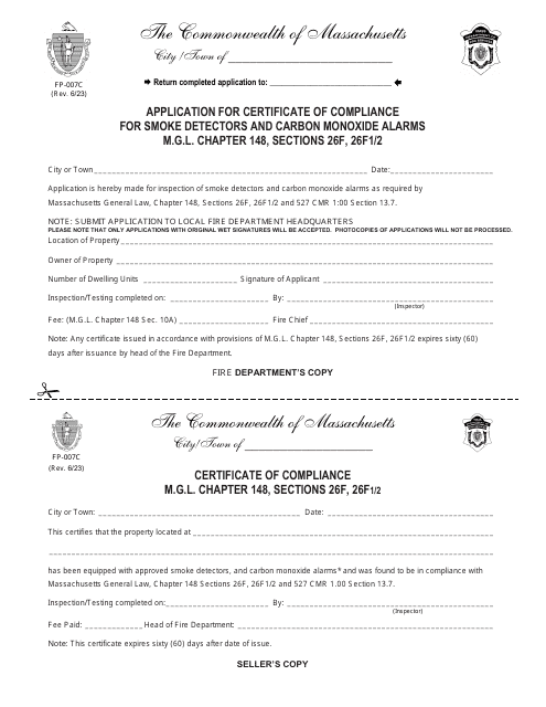 Form FP-007C Application for Certificate of Compliance for Smoke Detectors and Carbon Monoxide Alarms - Massachusetts