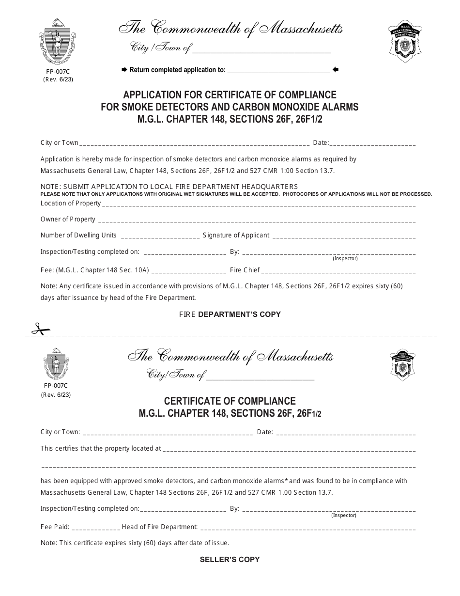 Form FP-007C Application for Certificate of Compliance for Smoke Detectors and Carbon Monoxide Alarms - Massachusetts, Page 1