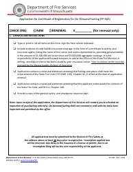 Document preview: Form FP-043 Application for Certificate of Registration for on-Demand Fueling - Massachusetts