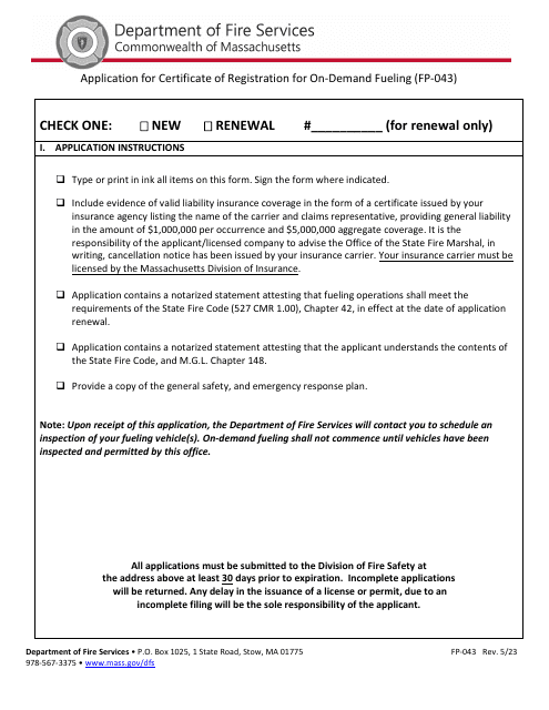 Form FP-043 Application for Certificate of Registration for on-Demand Fueling - Massachusetts