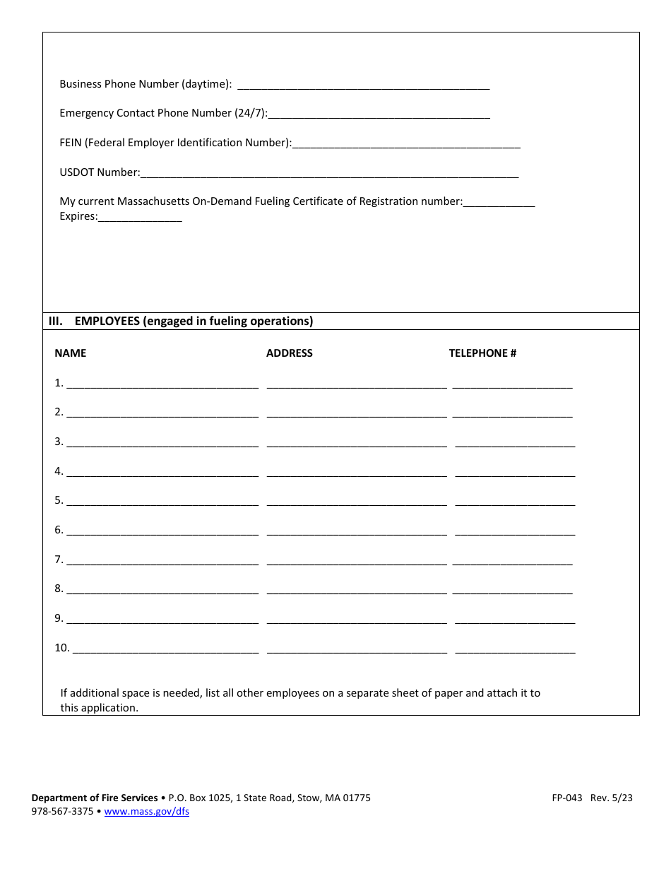 Form FP-043 Application for Certificate of Registration for on-Demand Fueling - Massachusetts, Page 3