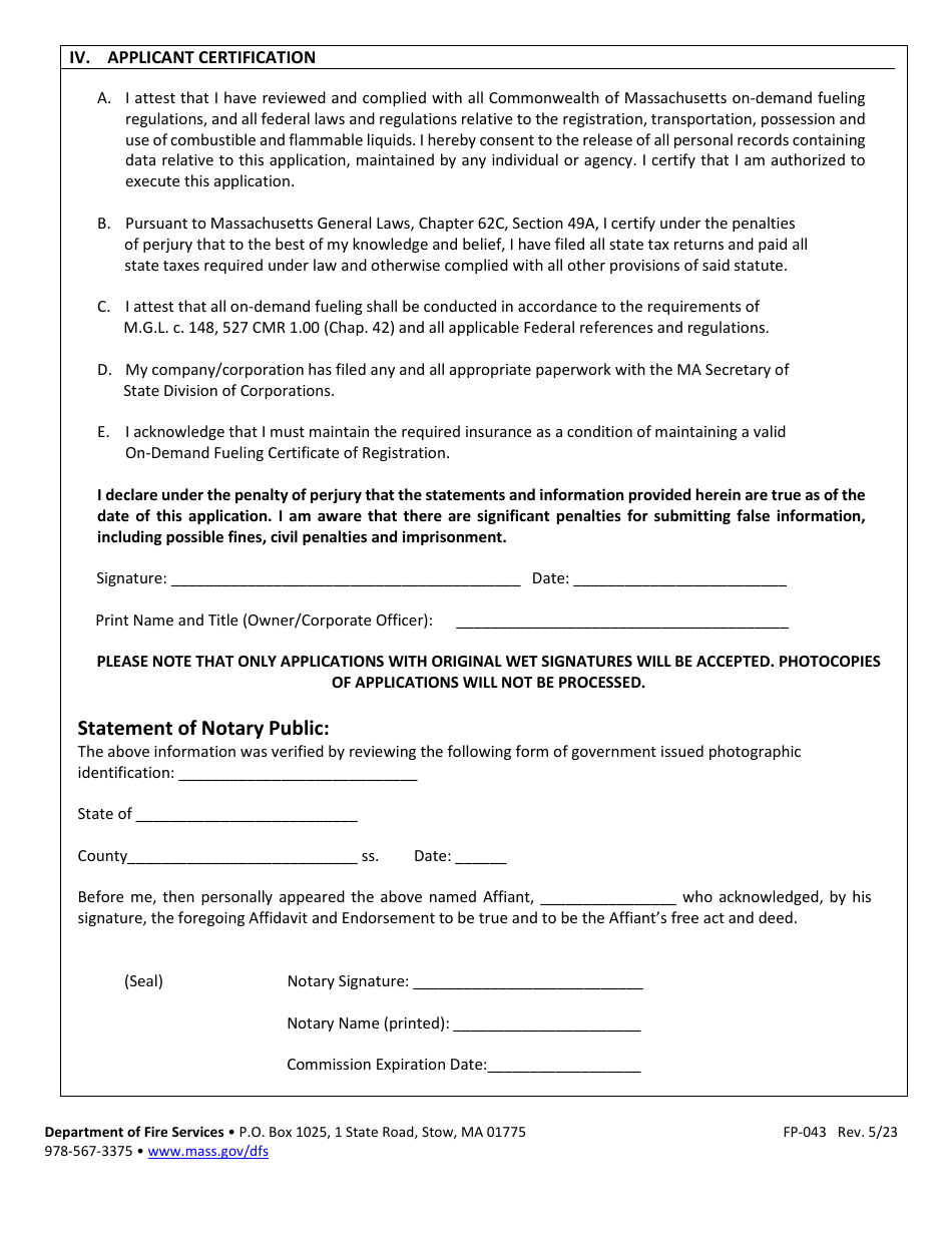 Form FP-043 Application for Certificate of Registration for on-Demand Fueling - Massachusetts, Page 4