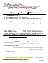 Document preview: Form FP-085 Application for Certificate of Registration for Servicing Portable Fire Extinguishers and/or Fixed Fire Extinguishing Systems - Massachusetts