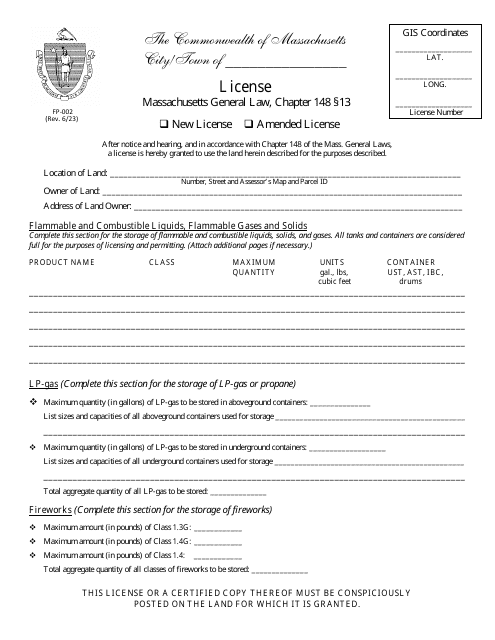 Form FP-002 License for Storage of Flammables and Combustibles/Lp Gas/Explosives/Fireworks - Massachusetts