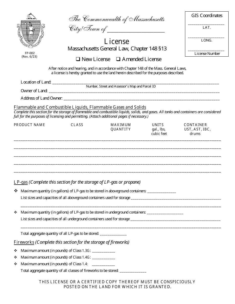 Form FP-002 License for Storage of Flammables and Combustibles / Lp Gas / Explosives / Fireworks - Massachusetts, Page 1