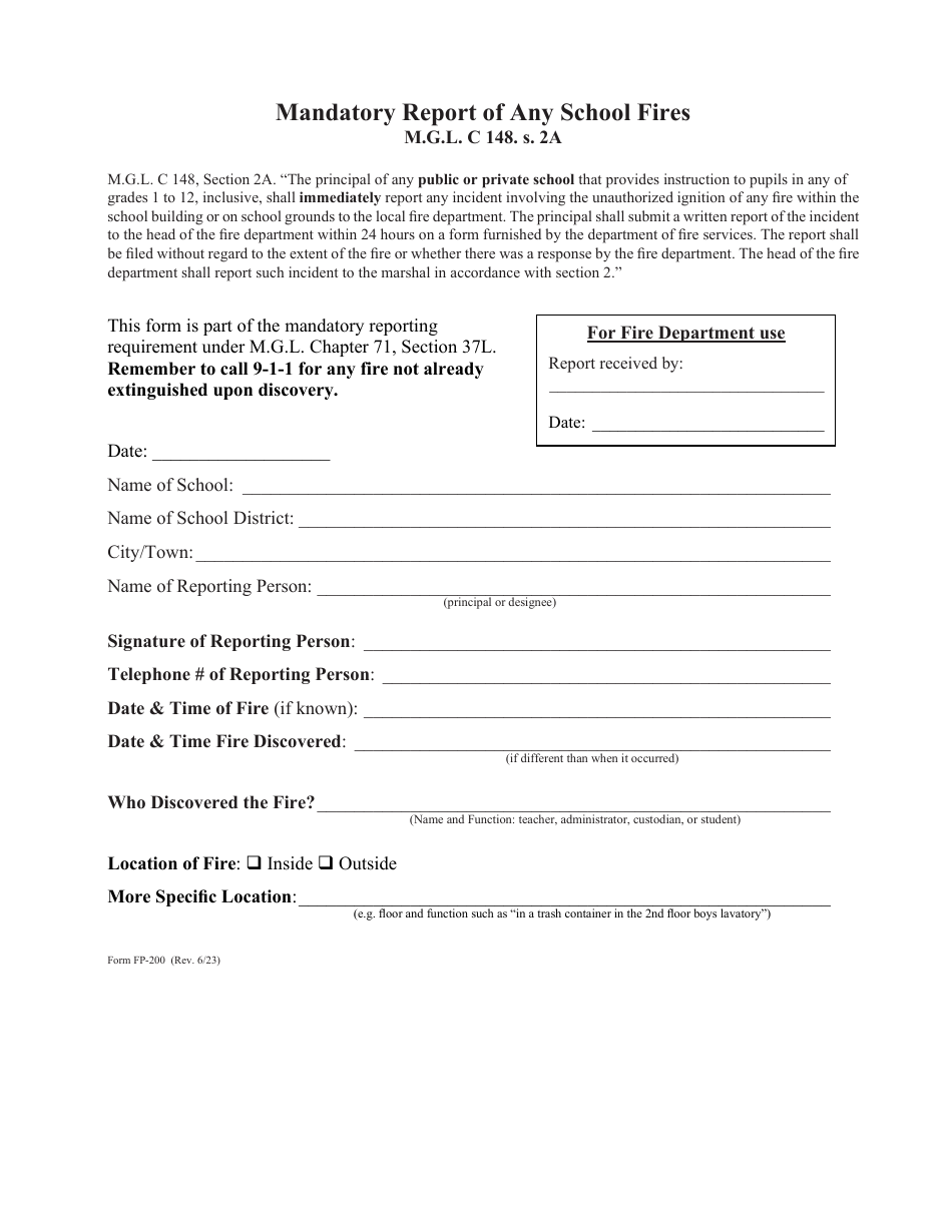 Form FP-200 Mandatory Report of Any School Fires - Massachusetts, Page 1