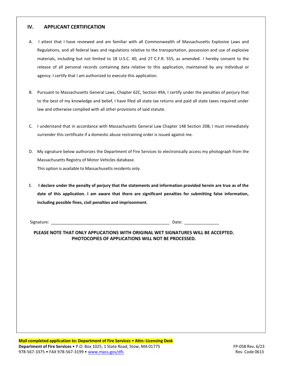 Form FP-058 Application for Explosives Certificate of Competency - Massachusetts, Page 3