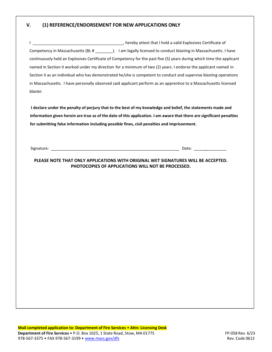 Form FP-058 Application for Explosives Certificate of Competency - Massachusetts, Page 4