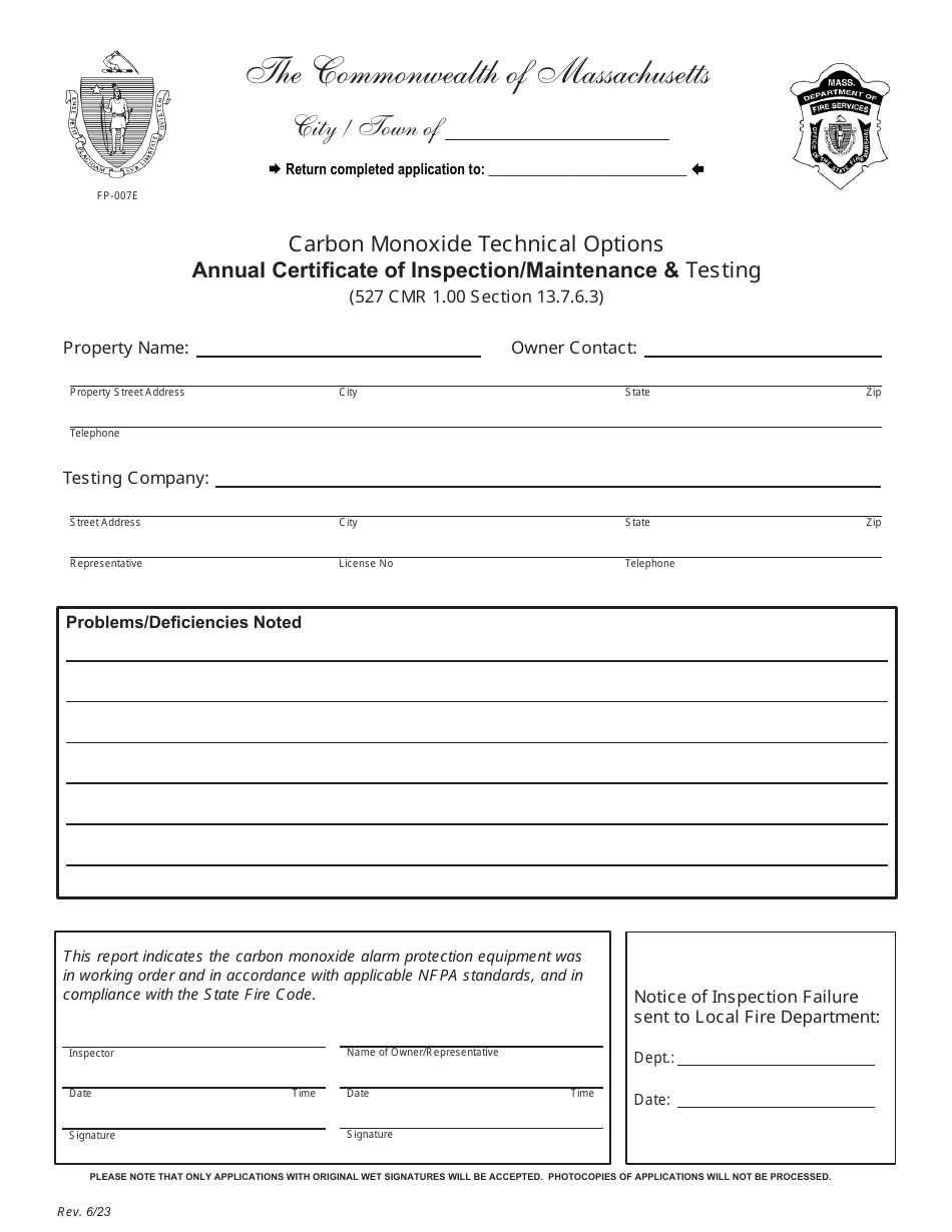 Carbon Monoxide Technical Options Annual Certificate of Inspection / Maintenance  Testing - Massachusetts, Page 1