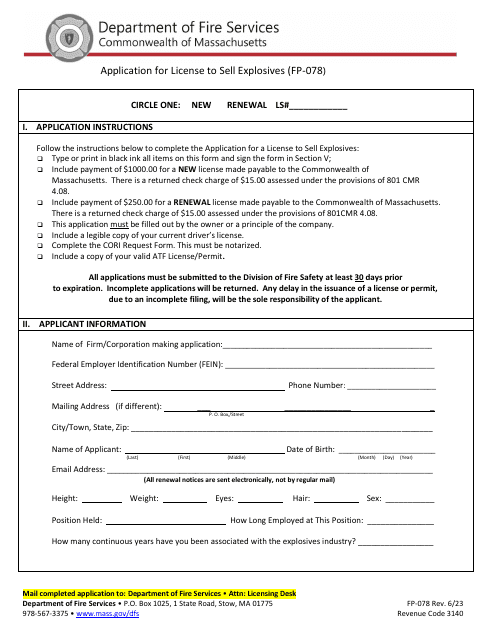 Form FP-078 Application for License to Sell Explosives - Massachusetts