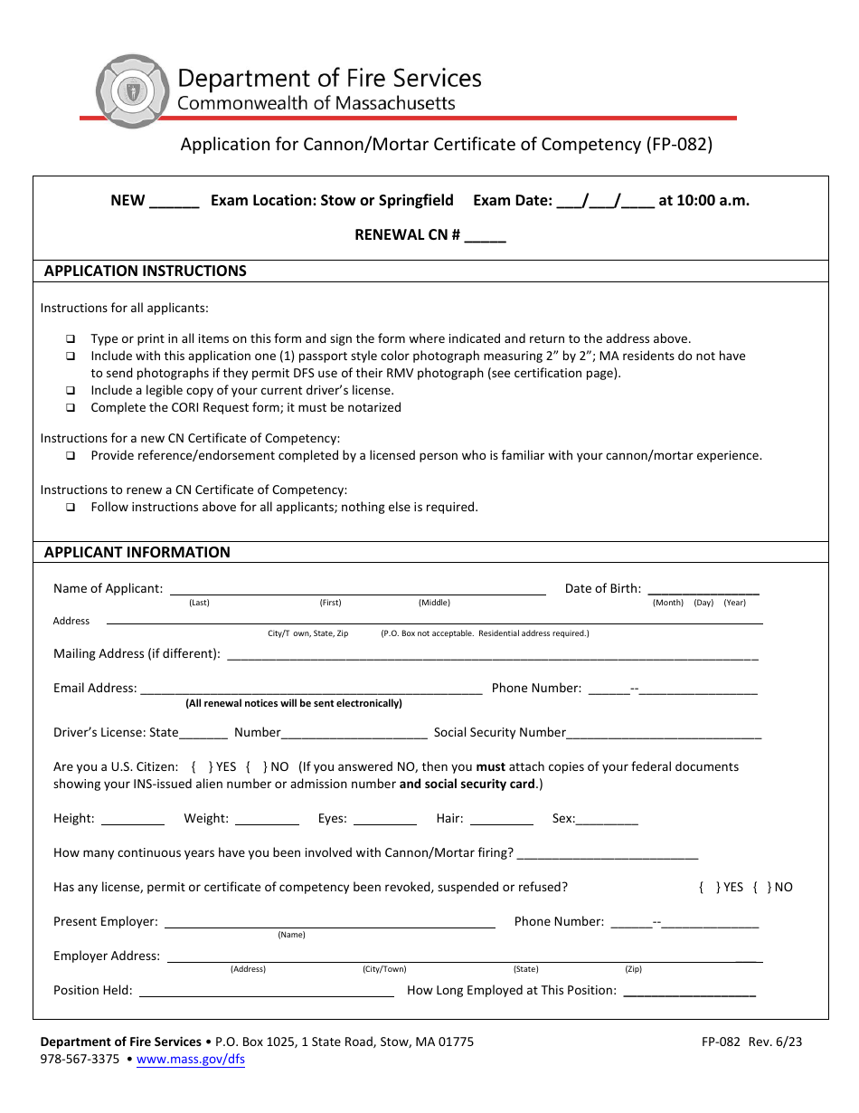 Form FP-082 Application for Cannon / Mortar Certificate of Competency - Massachusetts, Page 1