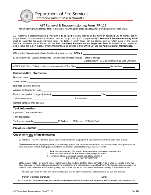Form FP-112 Ast Removal & Decommissioning Form - Massachusetts