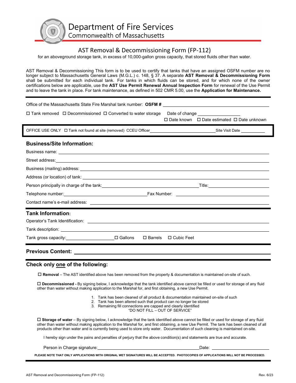 Form FP-112 Ast Removal  Decommissioning Form - Massachusetts, Page 1