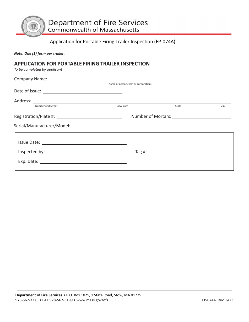 Form FP-074A Application for Portable Firing Trailer Inspection - Massachusetts, Page 1