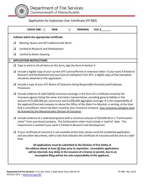 Form FP-083 Application for Explosives User Certificate - Massachusetts