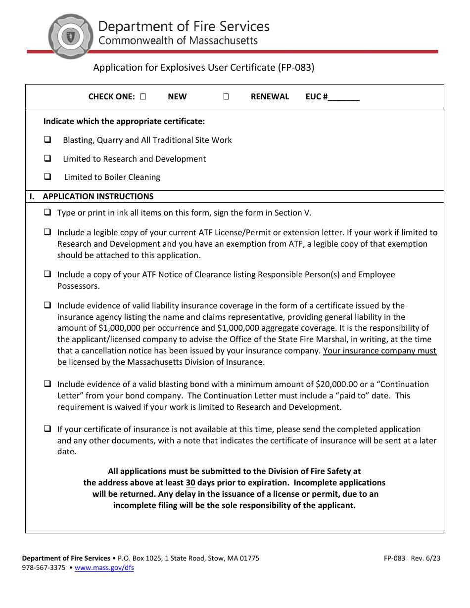 Form FP-083 Application for Explosives User Certificate - Massachusetts, Page 1