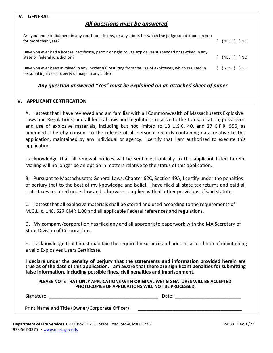 Form FP-083 Application for Explosives User Certificate - Massachusetts, Page 3