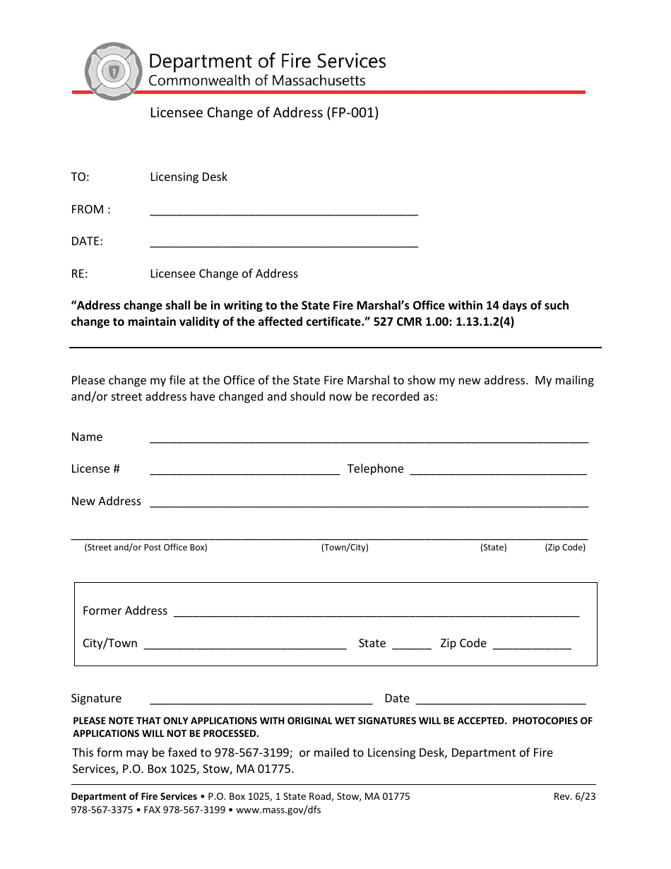 Form FP001 Download Printable PDF or Fill Online Licensee Change of