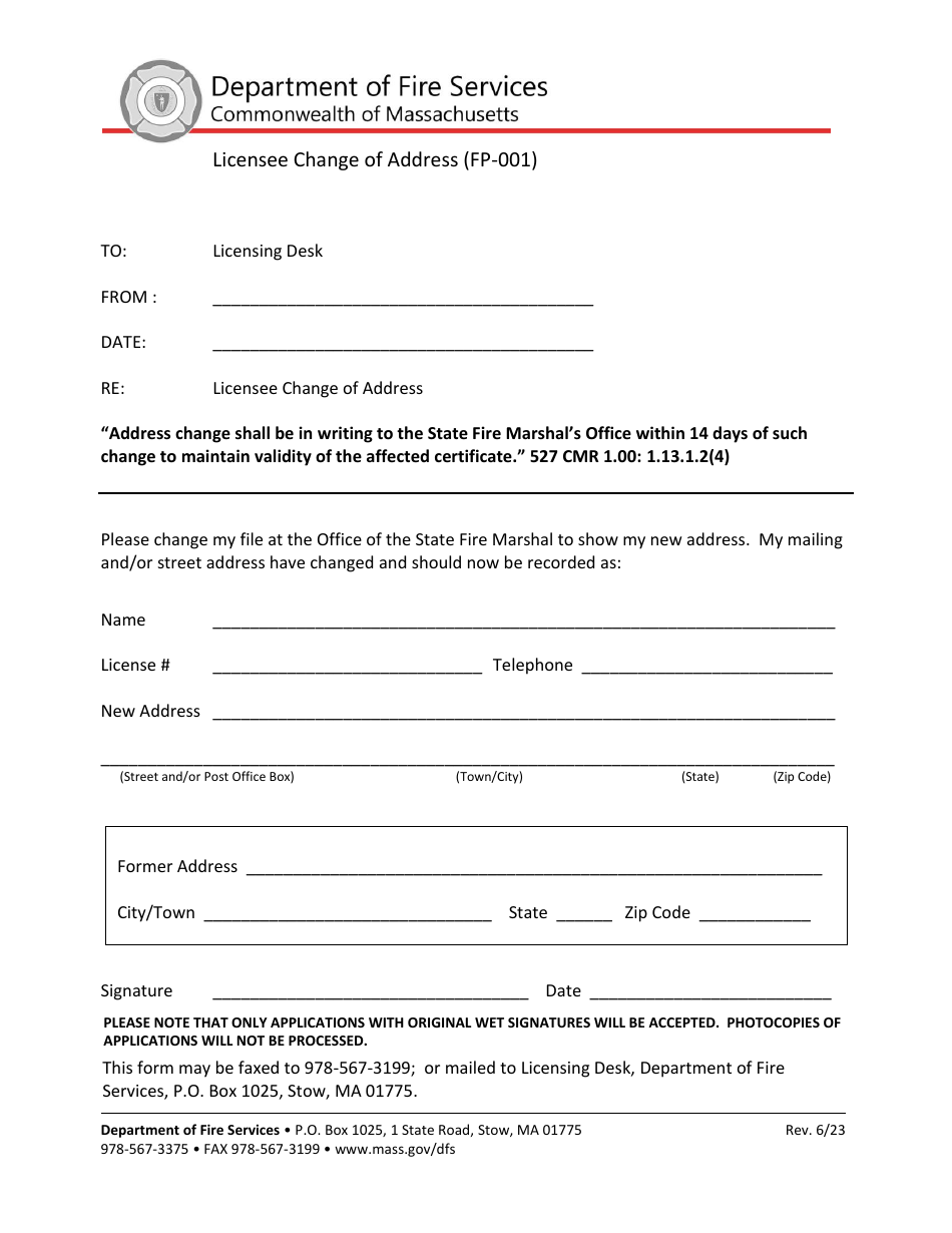 Form FP-001 Licensee Change of Address - Massachusetts, Page 1