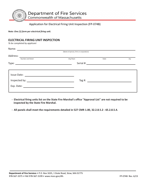 Form FP-074B Application for Electrical Firing Unit Inspection - Massachusetts