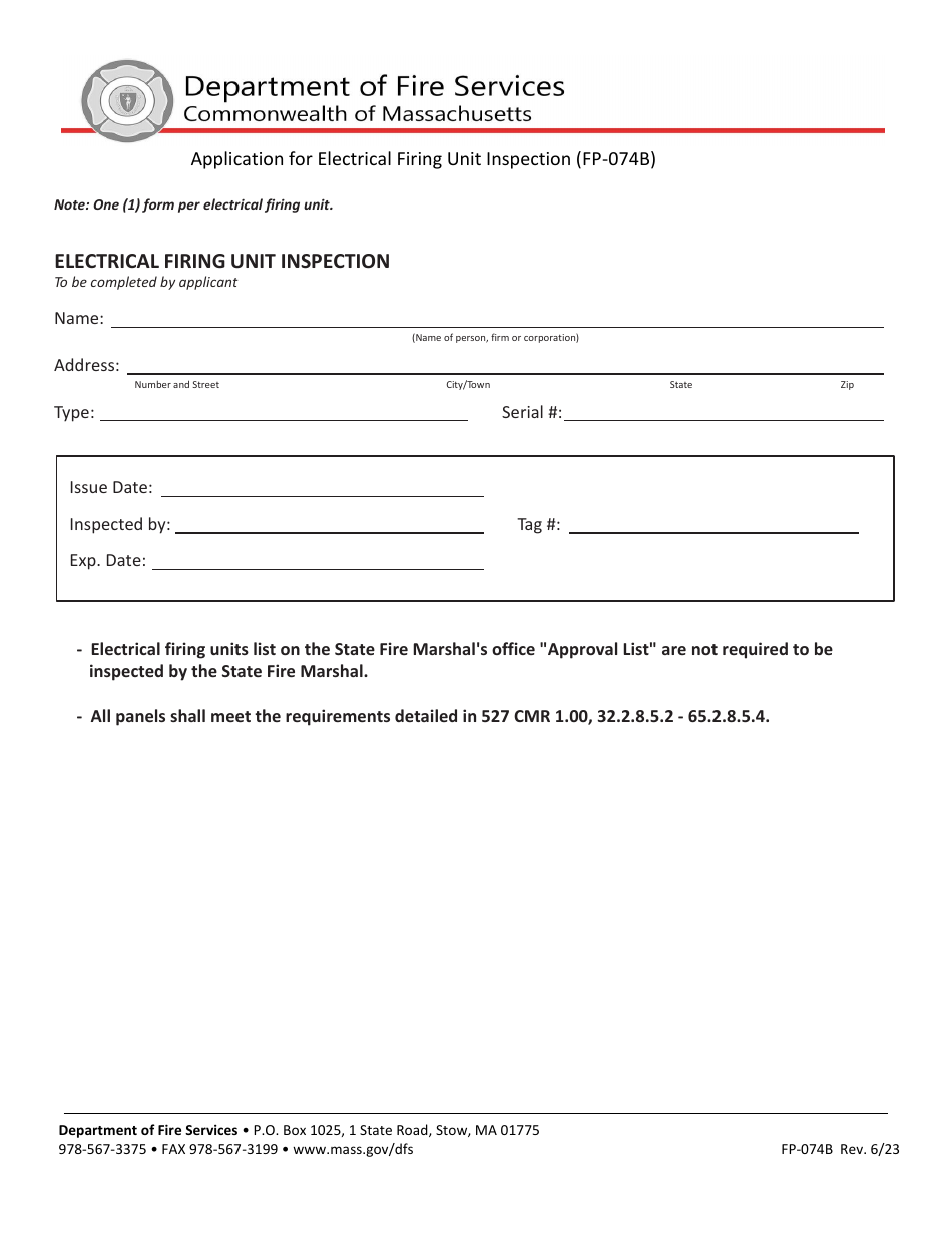 Form FP-074B Application for Electrical Firing Unit Inspection - Massachusetts, Page 1