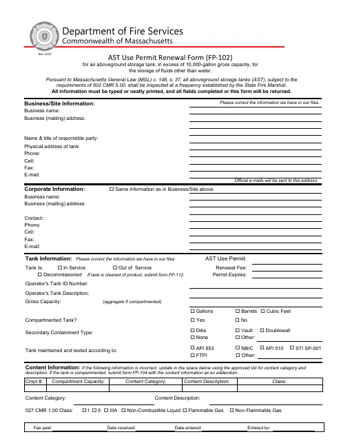 Form FP-102  Printable Pdf