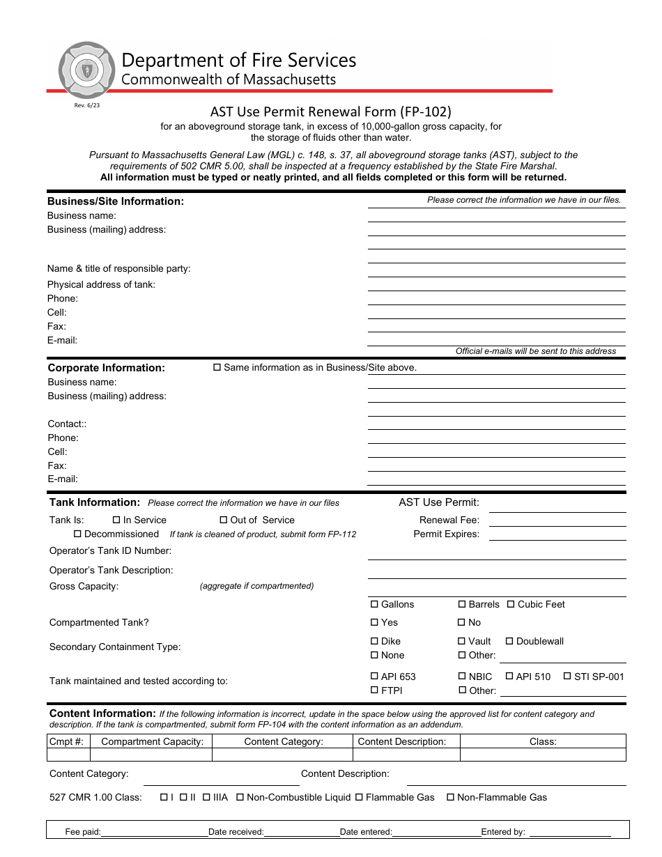 Form FP-102 Ast Use Permit Renewal Form - Massachusetts, Page 1