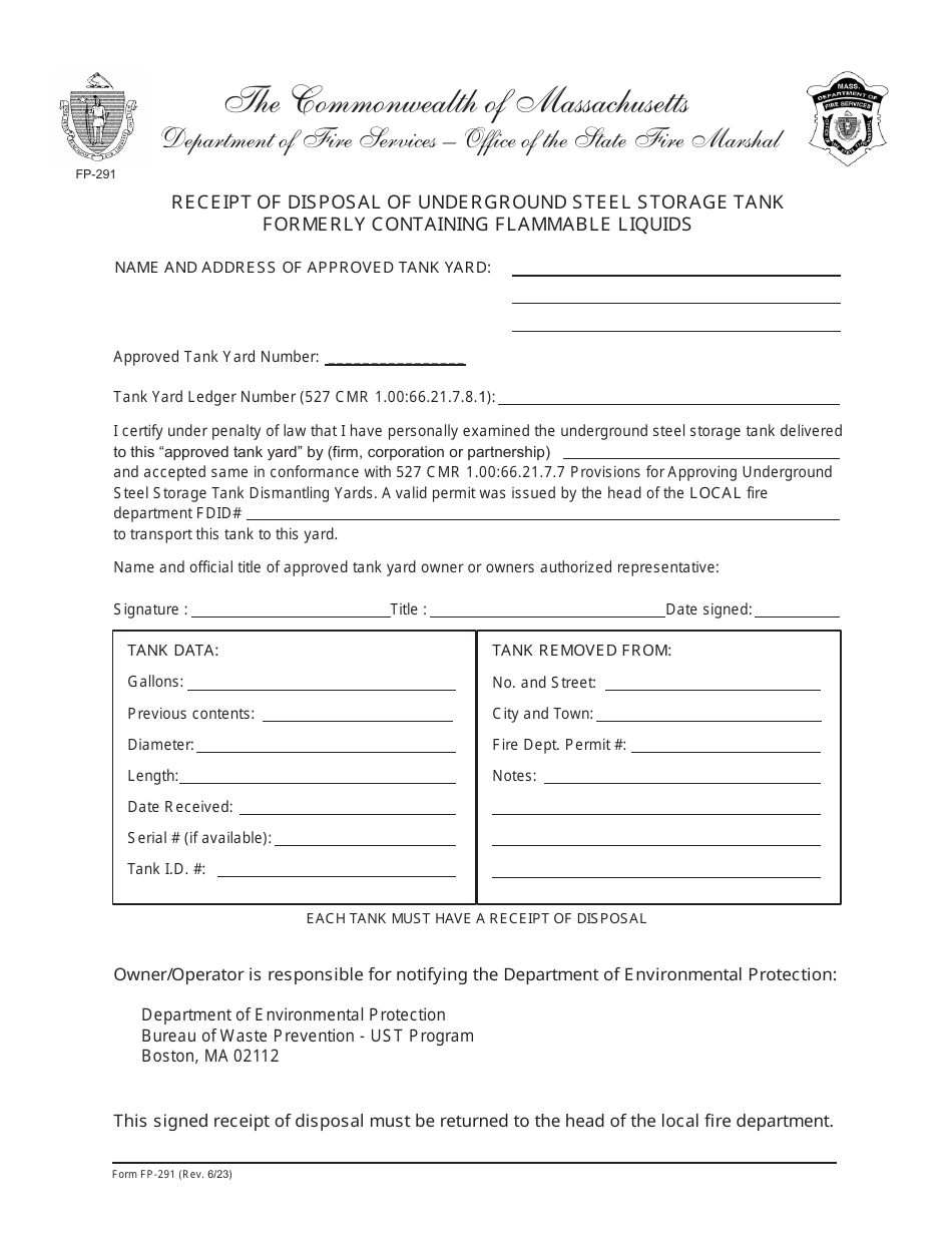 Form FP-291 Download Printable PDF or Fill Online Receipt of Disposal ...