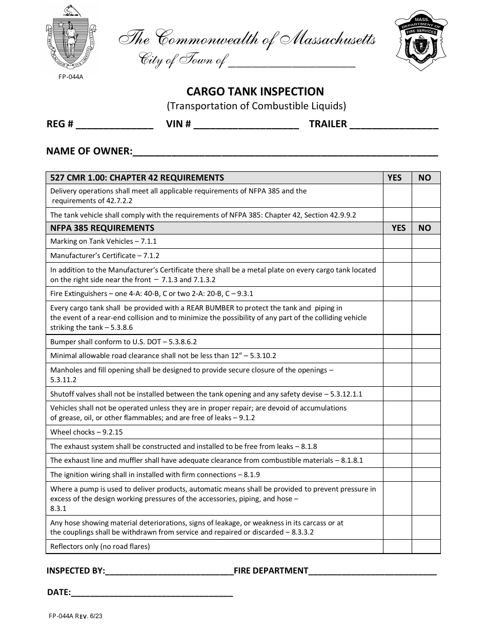 Form FP-044A Cargo Tank Inspection (Transportation of Combustible Liquids) - Massachusetts, Page 1