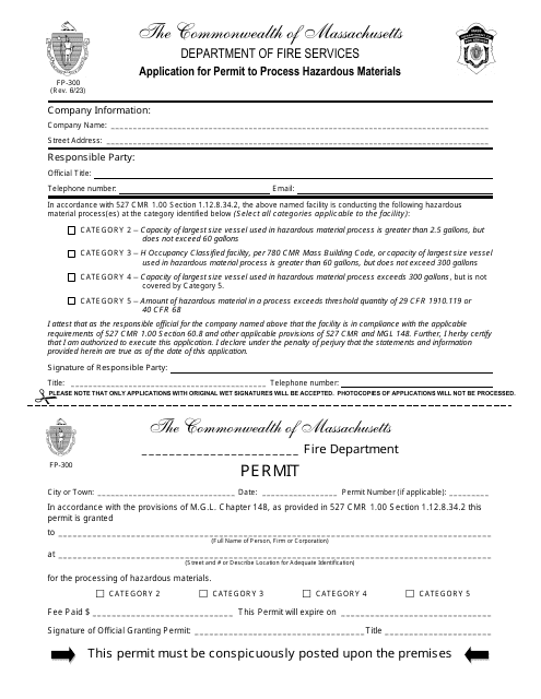 Form FP-300 Application for Permit to Process Hazardous Materials - Massachusetts