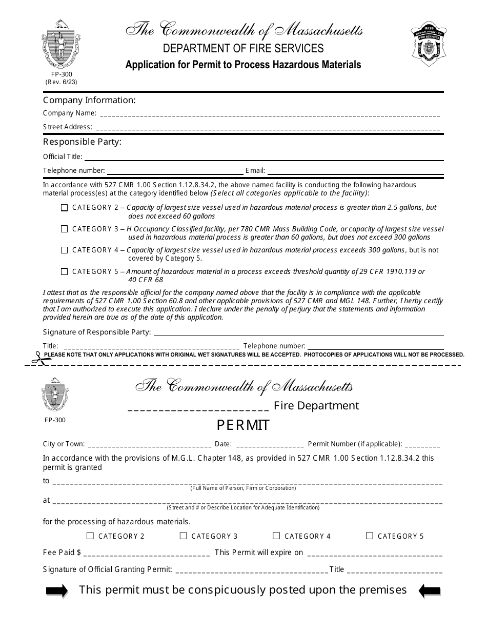 Form FP-300 Application for Permit to Process Hazardous Materials - Massachusetts, Page 1