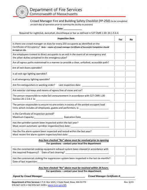 Form FP-250 Crowd Manager Fire and Building Safety Checklist - Massachusetts